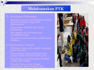 Melaksanakan PTK A.  Menyiapkan Pelaksanaan Membuat rencana pembelajaran beserta skenario tindakan yang akan dilaksanakan Menyiapkan fasilitas dan sarana pendukung Meyiapkan cara merekam dan menganalisis data Jika perlu mensimulasikan pelaksanaan tindakan B. Melaksanakan Tindakan Pekerjaan utama guru adalah mengajar, bukan meneliti Pengumpulan atau perekaman data jangan terlalu menyita waktu guru  Metodologi yang diterapkan haruslah reliabel dan handal Masalah harus sesuai dengan kemampuan dan komitmen guru 
