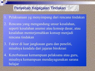 Penyebab Kegagalan Tindakan Pelaksanaan yg menyimpang dari rencana tindakan Rencana yang mengandung unsur kesalahan, seperti kesalahan asumsi atau konsep dasar, atau kesalahan menterjemahkan konsep menjadi rencana tindakan Faktor di luar jangkauan guru dan peneliti, misalnya kendala dari jajaran birokrasi Keterbatasan kemampuan pelaksana atau guru, misalnya kemampuan mendayagunakan sarana belajar 