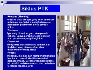 Siklus PTK
 Rencana (Planning)
Rencana tindakan apa yang akan dilakukan
untuk memperbaiki, meningkatkan atau
perubahan prilaku dan sikap sebagai
solusi
 Tindakan
Apa yang dilakukan guru atau peneliti
sebagai upaya perbaikan, peningkatan
atau perubahan yang diinginkan
 Observasi
Mengamati atas hasil atau dampak dari
tindakan yang dilaksanakan atau
dikenakan terhadap siswa
 Refleksi
Mengkaji, melihat, dan mempertimbangkan
hasil atau dampak dari tindakan dari
berbagi kriteria. Berdasarkan hasil refleksi
ini peneliti melakukan revisi dan perbaikan
terhadap rencana awal
 