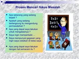 Proses Mencari fokus Masalah
 Apa sekarang yang sedang
terjadi ?
 Apakah yang sedang
berlangsung itu mengandung
permasalahan ?
 Apa yang dapat saya lakukan
untuk mengatasinya ?
 Saya ingin memperbaiki …
 Saya mempunyai gagasan yang
ingin saya cobakan di kelas saya
…
 Apa yang dapat saya lakukan
dengan hal semacam itu ?
 