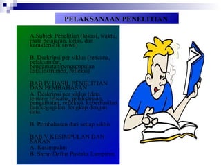 PELAKSANAAN PENELITIAN
A.Subjek Penelitian (lokasi, waktu,
mata pelajaran, kelas, dan
karakteristik siswa)
B. Dsekripsi per siklus (rencana,
pelaksanaan,
pengamatan/pengumpulan
data/instrumen, refleksi)
BAB IV HASIL PENELITIAN
DAN PEMBAHASAN
A. Deskripsi per siklus (data
tentang rencana, pelaksanaan,
pengamatan, refleksi), keberhasilan
dan kegagalan, lengkap dengan
data.
B. Pembahasan dari setiap siklus
BAB V KESIMPULAN DAN
SARAN
A. Kesimpulan
B. Saran Daftar Pustaka Lampiran
 