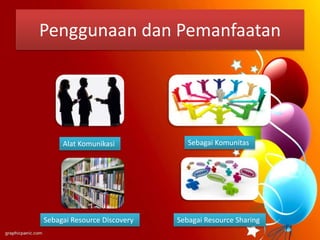 Penggunaan dan Pemanfaatan
Alat Komunikasi
Sebagai Resource SharingSebagai Resource Discovery
Sebagai Komunitas
 