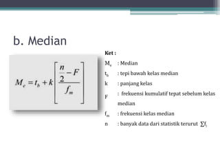 b. Median
Ket :
Me : Median
tb : tepi bawah kelas median
k : panjang kelas
F
: frekuensi kumulatif tepat sebelum kelas
median
fm : frekuensi kelas median
n : banyak data dari statistik terurut ∑fi
 