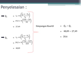 Penyelesaian :
Li + k
i
4
. n − FQ
fq
19,5 + 9
250 − 59
54
27,49
Q1 =
=
=
Li + k
i
4
. n − FQ
fq
39,5 + 9
750 − 537
223
48,09
Q3 =
=
=
𝑄3 − 𝑄1
48,09 − 27,49
Simpangan Kuartil =
=
= 20,6
 