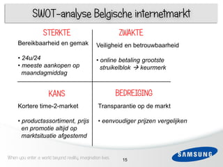 SWOT-analyse Belgische internetmarkt
                   STERKTE                                 ZWAKTE
     Bereikbaarheid en gemak                    Veiligheid en betrouwbaarheid

   • 24u/24                                     • online betaling grootste
 3 • meeste aankopen op                           struikelblok  keurmerk
     maandagmiddag
 4
                      KANS                                 BEDREIGING
 5
     Kortere time-2-market                       Transparantie op de markt

 6 • productassortiment, prijs                   • eenvoudiger prijzen vergelijken
     en promotie altijd op
     marktsituatie afgestemd


When you enter a world beyond reality, imagination lives    15
 