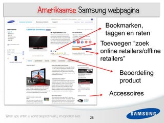 Amerikaanse Samsung webpagina
                                                                  Bookmarken,
     5                                                            taggen en raten
     1                                                          Toevoegen “zoek
 3
                                                                online retailers/offline
 4
                                                                retailers”
     1

 5                                                                     Beoordeling
                                                                       product
 6
                                                                   Accessoires


When you enter a world beyond reality, imagination lives   28
 
