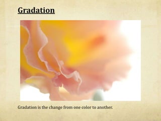 Gradation<br />Gradation is the change from one color to another.<br />