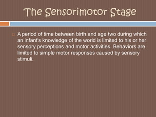 The Sensorimotor StageA period of time between birth and age two during which an infant's knowledge of the world is limited to his or her sensory perceptions and motor activities. Behaviors are limited to simple motor responses caused by sensory stimuli.