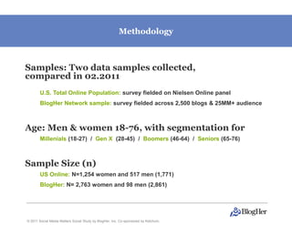 Methodology



Samples: Two data samples collected,
compared in 02.2011
       U.S. Total Online Population: survey fielded on Nielsen Online panel
       BlogHer Network sample: survey fielded across 2,500 blogs & 25MM+ audience



Age: Men & women 18-76, with segmentation for
       Millenials (18-27) / Gen X (28-45) / Boomers (46-64) / Seniors (65-76)



Sample Size (n)
       US Online: N=1,254 women and 517 men (1,771)
       BlogHer: N= 2,763 women and 98 men (2,861)




© 2011 Social Media Matters Social Study by BlogHer, Inc. Co-sponsored by Ketchum,
 