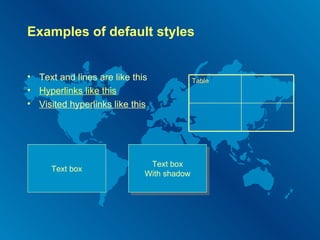Examples of default styles Text and lines are like this Hyperlinks like this Visited hyperlinks like this Text box Text box With shadow Table 