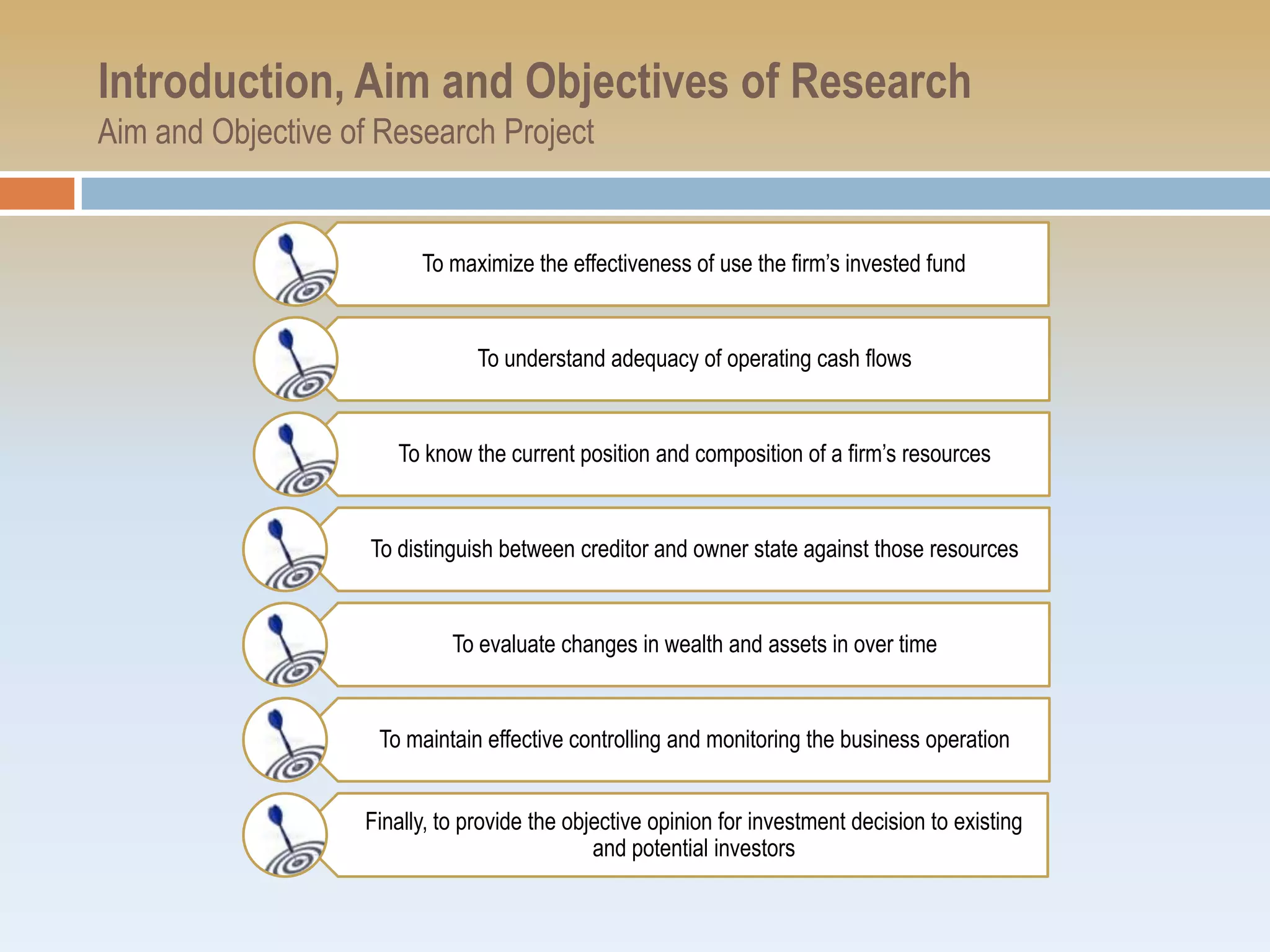 Introduction, Aim and Objectives of Research
Aim and Objective of Research Project


                         To maximize the effectiveness of use the firm’s invested fund


                                To understand adequacy of operating cash flows


                       To know the current position and composition of a firm’s resources


                    To distinguish between creditor and owner state against those resources


                             To evaluate changes in wealth and assets in over time


                    To maintain effective controlling and monitoring the business operation


                   Finally, to provide the objective opinion for investment decision to existing
                                              and potential investors
 