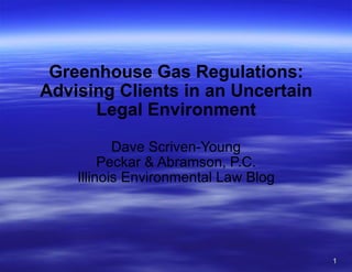 Greenhouse Gas Regulations: Advising Clients in an Uncertain Legal Environment   Dave Scriven-Young Peckar & Abramson, P.C. Illinois Environmental Law Blog 