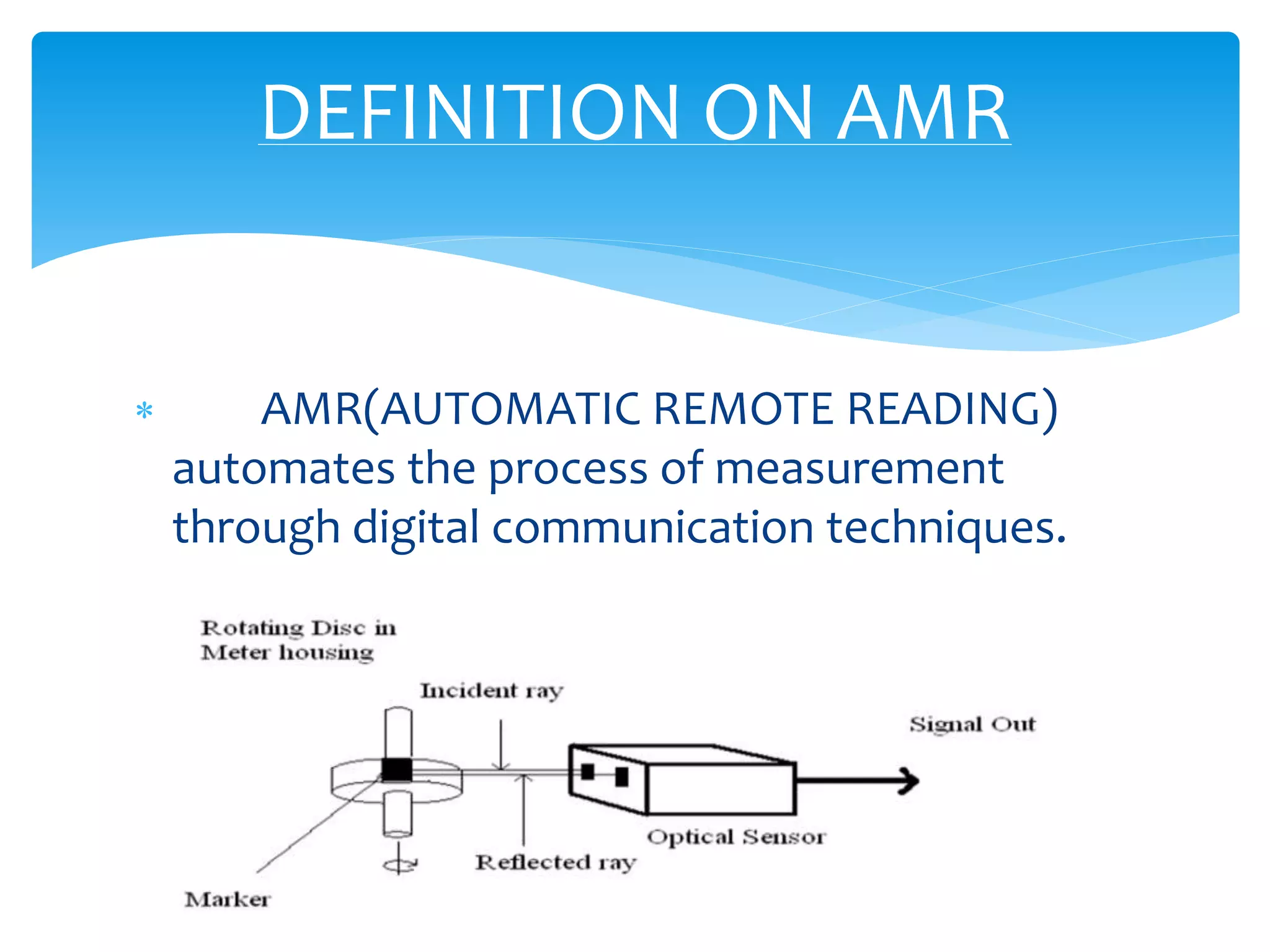 DEFINITION ON AMR 
 AMR(AUTOMATIC REMOTE READING) 
automates the process of measurement 
through digital communication techniques. 
 