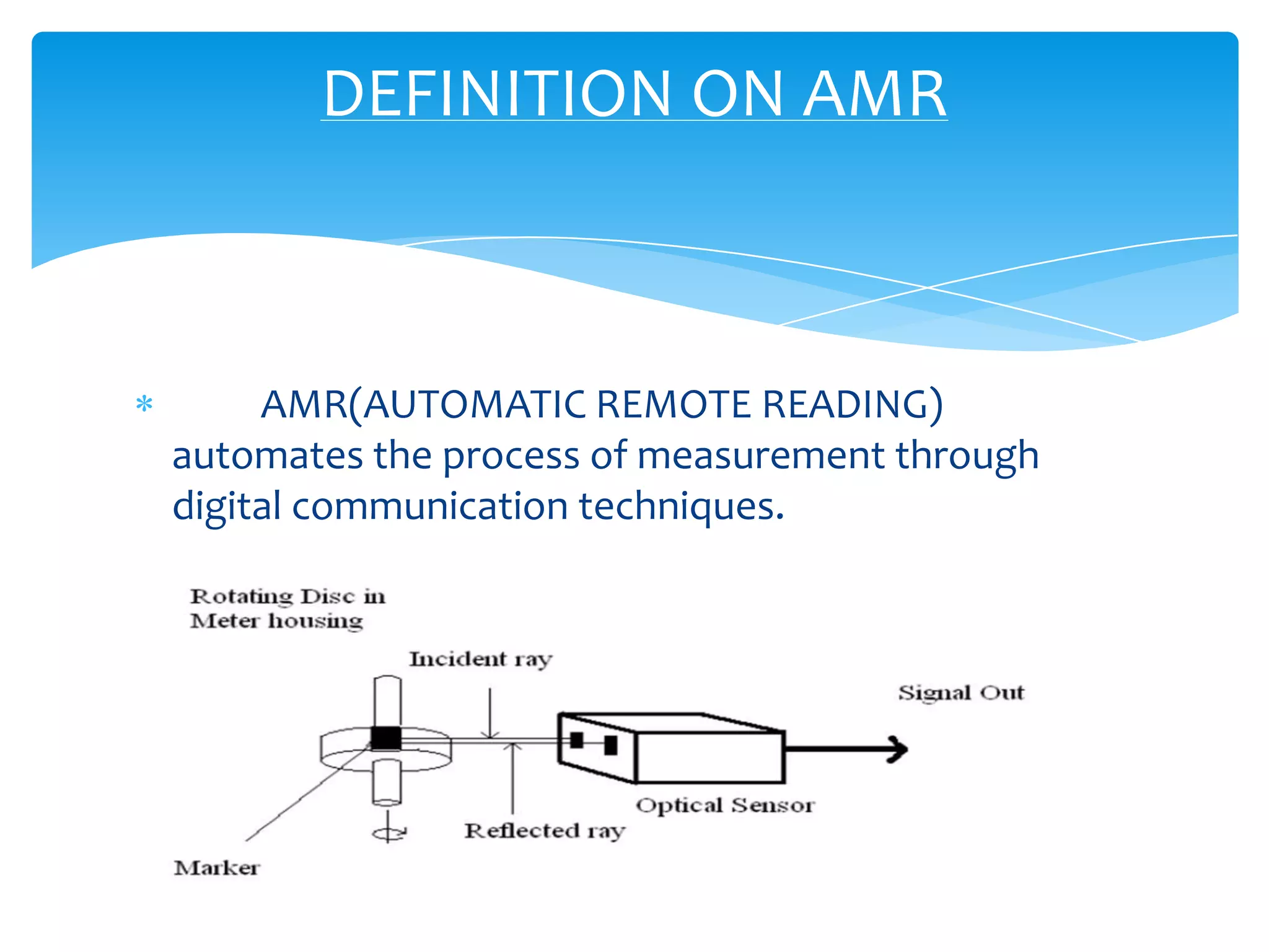 DEFINITION ON AMR

AMR(AUTOMATIC REMOTE READING)
automates the process of measurement through
digital communication techniques.

 