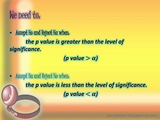 We need to: 
• Accept Ho and Reject Ha when: 
the p value is greater than the level of 
significance. 
(p value > 휶) 
• Accept Ha and Reject Ho when: 
the p value is less than the level of significance. 
(p value < 휶) 
 