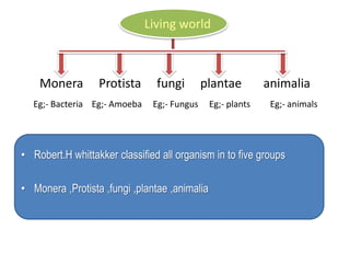 Living world 
Monera Protista fungi plantae animalia 
Eg;- Bacteria Eg;- Amoeba Eg;- Fungus Eg;- plants Eg;- animals 
• Robert.H whittakker classified all organism in to five groups 
• Monera ,Protista ,fungi ,plantae ,animalia 
 
