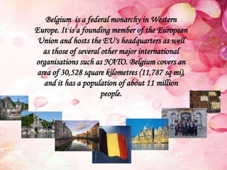 Belgium is a federal monarchy inWestern 
Europe. It is a founding member of the European 
Union and hosts the EU's headquarters as well 
as those of several other major international 
organisations such as NATO. Belgium covers an 
area of 30,528 square kilometres (11,787 sq mi), 
and it has a population of about 11 million 
people. 
 