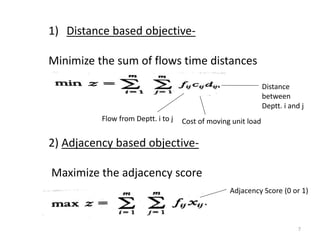 1) Distance based objective-
Minimize the sum of flows time distances
Flow from Deptt. i to j Cost of moving unit load
Distance
between
Deptt. i and j
2) Adjacency based objective-
Maximize the adjacency score
Adjacency Score (0 or 1)
7
 