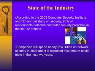 State of the Industry
•According to the 2003 Computer Security Institute
and FBI annual study on security, 95% of
respondents detected computer security breaches in
the last 12 months.
•Companies will spend nearly $24 Billion on network
security in 2004 and it is expected this amount could
triple in the next two years.
 