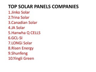 TOP SOLAR PANELS COMPANIES
1.Jinko Solar
2.Trina Solar
3.Canadian Solar
4.JA Solar
5.Hanwha Q CELLS
6.GCL-SI
7.LONGi Solar
8.Risen Energy
9.Shunfeng
10.Yingli Green
 