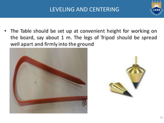 LEVELING AND CENTERING
14
• The Table should be set up at convenient height for working on
the board, say about 1 m. The legs of Tripod should be spread
well apart and firmly into the ground
 