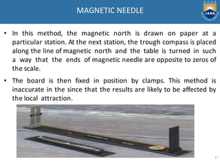 • In this method, the magnetic north is drawn on paper at a
particular station. At the next station, the trough compass is placed
along the line of magnetic north and the table is turned in such
a way that the ends of magnetic needle are opposite to zeros of
the scale.
• The board is then fixed in position by clamps. This method is
inaccurate in the since that the results are likely to be affected by
the local attraction.
MAGNETIC NEEDLE
17
 