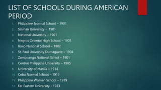 LIST OF SCHOOLS DURING AMERICAN
PERIOD
1. Philippine Normal School – 1901
2. Siliman University - 1901
3. National University – 1901
4. Negros Oriental High School – 1901
5. Iloilo National School – 1902
6. St. Paul University Dumaguete – 1904
7. Zamboanga National Schiol – 1901
8. Central Philippine University – 1905
9. University of Manila – 1914
10. Cebu Normal School – 1919
11. Philippine Women School – 1919
12. Far Eastern University - 1933
 