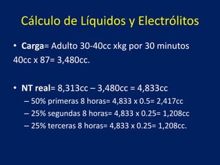 Cálculo de Líquidos y Electrólitos
• Carga= Adulto 30-40cc xkg por 30 minutos
40cc x 87= 3,480cc.
• NT real= 8,313cc – 3,480cc = 4,833cc
– 50% primeras 8 horas= 4,833 x 0.5= 2,417cc
– 25% segundas 8 horas= 4,833 x 0.25= 1,208cc
– 25% terceras 8 horas= 4,833 x 0.25= 1,208cc.
 