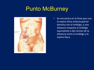 Punto McBurney
• Se encuentra en la línea que une
la espina ilíaca anterosuperior
derecha con el ombligo, a una
distancia respecto al ombligo
equivalente a dos tercios de la
distancia entre el ombligo y la
espina ilíaca.
 