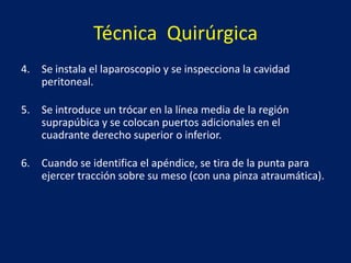 Técnica Quirúrgica
4. Se instala el laparoscopio y se inspecciona la cavidad
peritoneal.
5. Se introduce un trócar en la línea media de la región
suprapúbica y se colocan puertos adicionales en el
cuadrante derecho superior o inferior.
6. Cuando se identifica el apéndice, se tira de la punta para
ejercer tracción sobre su meso (con una pinza atraumática).
 