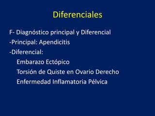 Diferenciales
F- Diagnóstico principal y Diferencial
-Principal: Apendicitis
-Diferencial:
Embarazo Ectópico
Torsión de Quiste en Ovario Derecho
Enfermedad Inflamatoria Pélvica
 