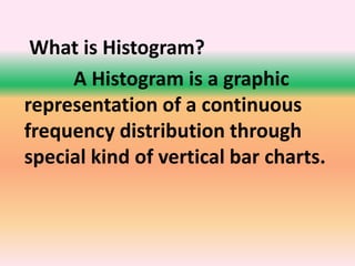 What is Histogram?
A Histogram is a graphic
representation of a continuous
frequency distribution through
special kind of vertical bar charts.