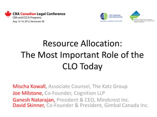 Resource Allocation:
   The Most Important Role of the
             CLO Today
Mischa Kowall, Associate Counsel, The Katz Group
Joe Milstone, Co-Founder, Cognition LLP
Ganesh Natarajan, President & CEO, Mindcrest Inc.
David Skinner, Co-Founder & President, Gimbal Canada Inc.
 