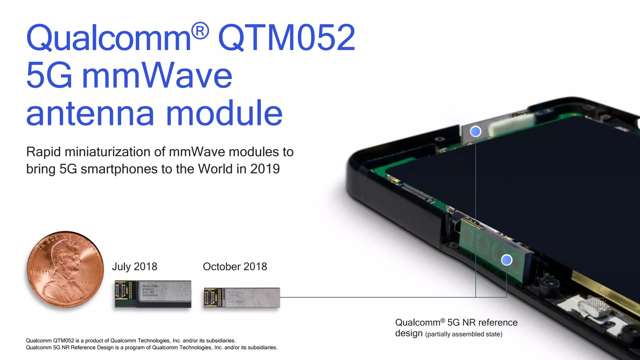 60
July 2018 October 2018
Qualcomm® QTM052
5G mmWave
antenna module
Qualcomm® 5G NR reference
design (partially assembled state)
Rapid miniaturization of mmWave modules to
bring 5G smartphones to the World in 2019
Qualcomm QTM052 is a product of Qualcomm Technologies, Inc. and/or its subsidiaries.
Qualcomm 5G NR Reference Design is a program of Qualcomm Technologies, Inc. and/or its subsidiaries.
 