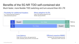 20
UL Data
Guard
Benefits of the 5G NR TDD self-contained slot
Much faster, more flexible TDD switching and turn-around than 4G LTE
1. Sounding Reference Signal
DL Data
DL
Ctrl
UL
Ctrl
Guard
DL
Ctrl
TDD UL
TDD DL
More adaptive UL/DL
Faster TDD switching allows for more
flexible capacity allocation
SRS
ACK
Efficient massive MIMO
Optimized TDD channel reciprocity with
opportunity for SRS1 every slot
Low latency
Faster TDD turn-around, with opportunity for
UL/DL scheduling, data and ACK in the same slot
Flexibility for additional headers
E.g., channel reservation header for
unlicensed/shared spectrum
 