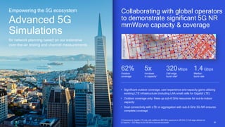 36
36
62%
Outdoor
coverage
5x
Increase
in capacity1
• Significant outdoor coverage, user experience and capacity gains utilizing
existing LTE infrastructure (including LAA small cells for Gigabit LTE)
• Outdoor coverage only; frees up sub-6 GHz resources for out-to-indoor
capacity
• Dual connectivity with LTE or aggregation with sub-6 GHz 5G NR ensures
complete coverage
320Mbps
Cell edge
burst rate2
Collaborating with global operators
to demonstrate significant 5G NR
mmWave capacity & coverage
Example:
San
Francisco
Empowering the 5G ecosystem
Advanced 5G
Simulations
for network planning based on our extensive
over-the-air testing and channel measurements
1.4 Gbps
Median
burst rate
1 Compared to Gigabit LTE only with additional 800 MHz spectrum in 28 GHz; 2 Cell edge defined as
0.4 bps/Hz = 320 Mbps for 8x100 MHz channel bandwidth
 