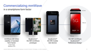 55
5G NR mmWave
Qualcomm®
Reference Design
mmWave (60 GHz)
viability in handset
form factor
11ad in Asus
Zenfone 4 Pro
Qualcomm®
5G NR mmWave
prototype
Qualcomm®
5G NR mobile
test device
Commercializing mmWave
in a smartphone form factor
Qualcomm Reference Design and Qualcomm Snapdragon are products of Qualcomm Technologies, Inc. and/or its subsidiaries.
73.8 mm
160 mm
9.5 mm
 