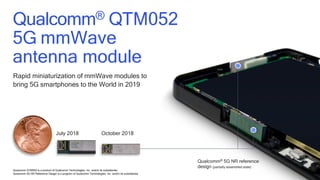 60
July 2018 October 2018
Qualcomm® QTM052
5G mmWave
antenna module
Qualcomm® 5G NR reference
design (partially assembled state)
Rapid miniaturization of mmWave modules to
bring 5G smartphones to the World in 2019
Qualcomm QTM052 is a product of Qualcomm Technologies, Inc. and/or its subsidiaries.
Qualcomm 5G NR Reference Design is a program of Qualcomm Technologies, Inc. and/or its subsidiaries.
 