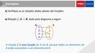 1) Verifique se as relações dadas abaixo são funções:
B
A
𝟏
𝟐
𝟑
𝟒
𝟐
𝟑
𝟒
𝟓
Exemplos:
a) Relação 𝒇: 𝑨 → 𝑩, dada pelo diagrama a seguir:
A relação 𝒇 é uma função de A em B, porque todos os elementos de
A estão associados a um elemento de B.
 