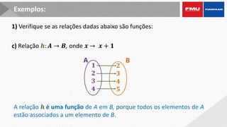 Exemplos:
c) Relação 𝒉: 𝑨 → 𝑩, onde 𝒙 → 𝒙 + 𝟏
B
A
𝟏
𝟐
𝟑
𝟒
𝟐
𝟑
𝟒
𝟓
A relação 𝒉 é uma função de A em B, porque todos os elementos de A
estão associados a um elemento de B.
1) Verifique se as relações dadas abaixo são funções:
 