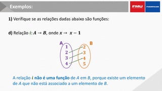 Exemplos:
d) Relação 𝒊: 𝑨 → 𝑩, onde 𝒙 → 𝒙 − 𝟏
B
A
𝟏
𝟐
𝟑
𝟒
𝟐
𝟑
𝟒
𝟓
1) Verifique se as relações dadas abaixo são funções:
A relação 𝒊 não é uma função de A em B, porque existe um elemento
de A que não está associado a um elemento de B.
 