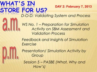 WHAT'S IN
STORE FOR US?
D-O-D: Validating System and Process
WS No. 1 – Preparation for Simulation
Activity on SBM Assessment and
Validation Process
Presentation/ Simulation Activity by
Group
Session 5 – PASBE (What, Why and
How’s)
DAY 2: February 7, 2013
Feedback and Insights of Simulation
Exercise
 