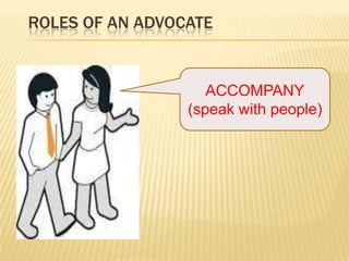 ROLES OF AN ADVOCATE
ACCOMPANY
(speak with people)
 