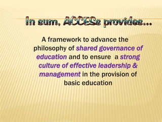 A framework to advance the
philosophy of shared governance of
education and to ensure a strong
culture of effective leadership &
management in the provision of
basic education
 