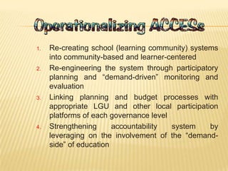 1. Re-creating school (learning community) systems
into community-based and learner-centered
2. Re-engineering the system through participatory
planning and “demand-driven” monitoring and
evaluation
3. Linking planning and budget processes with
appropriate LGU and other local participation
platforms of each governance level
4. Strengthening accountability system by
leveraging on the involvement of the “demand-
side” of education
 
