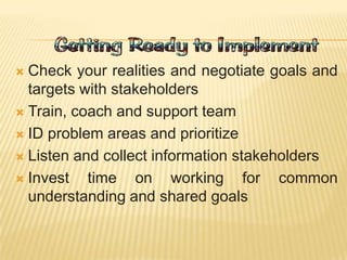  Check your realities and negotiate goals and
targets with stakeholders
 Train, coach and support team
 ID problem areas and prioritize
 Listen and collect information stakeholders
 Invest time on working for common
understanding and shared goals
 