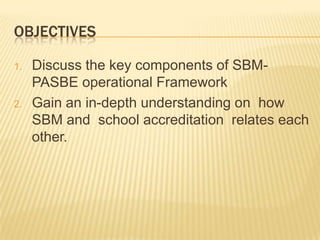 OBJECTIVES
1. Discuss the key components of SBM-
PASBE operational Framework
2. Gain an in-depth understanding on how
SBM and school accreditation relates each
other.
 