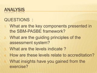 ANALYSIS
QUESTIONS :
1. What are the key components presented in
the SBM-PASBE framework?
2. What are the guiding principles of the
assessment system?
3. What are the levels indicate ?
4. How are these levels relate to accreditation?
5. What insights have you gained from the
exercise?
 