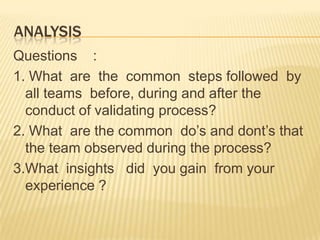 ANALYSIS
Questions :
1. What are the common steps followed by
all teams before, during and after the
conduct of validating process?
2. What are the common do’s and dont’s that
the team observed during the process?
3.What insights did you gain from your
experience ?
 