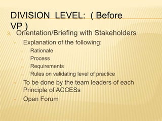 3. Orientation/Briefing with Stakeholders
• Explanation of the following:
o Rationale
o Process
o Requirements
o Rules on validating level of practice
• To be done by the team leaders of each
Principle of ACCESs
• Open Forum
DIVISION LEVEL: ( Before
VP )
 